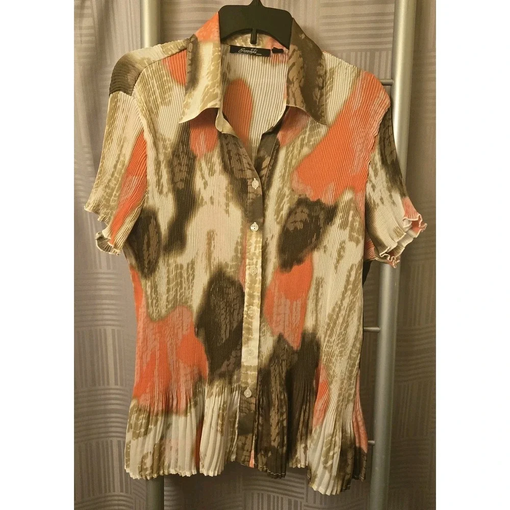 Essentials by Milano Women's XL Abstract Multicolor Pleated Cap Sleeve‎ Blouse